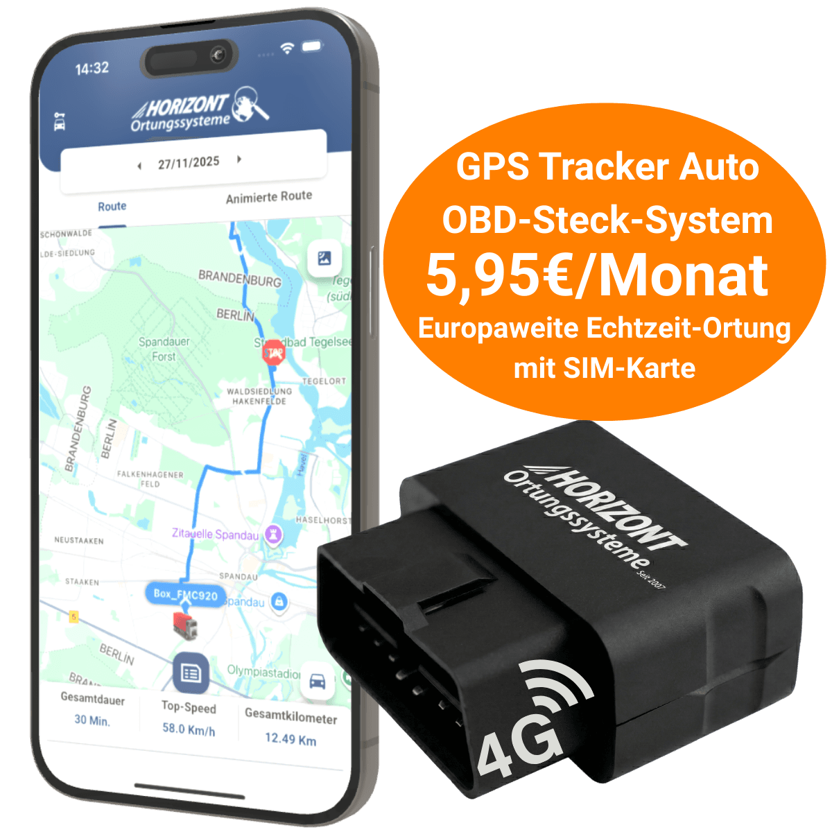 PKW & Transporter 4G GPS Auto Tracker OBD Model - Schneller Einbau - Mit Abo - GPS Tracker für Fahrzeuge